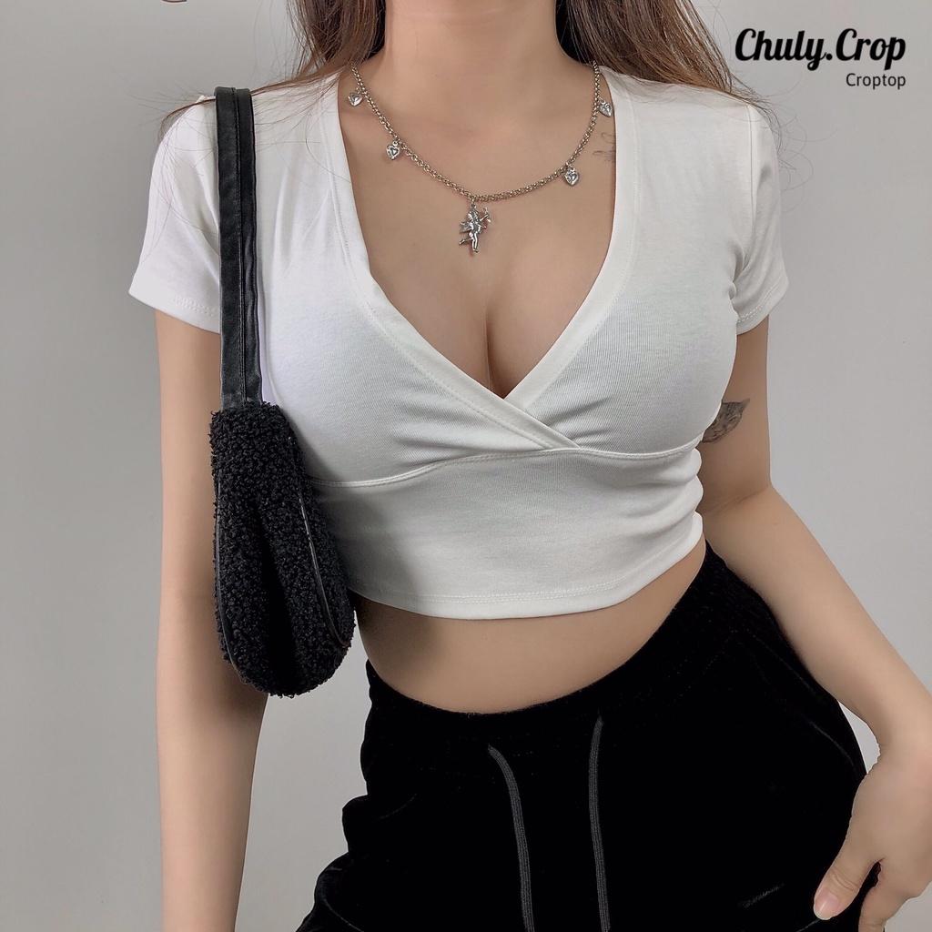 Áo croptop cổ V xẻ ngực sexy Basic Đen và Trắng