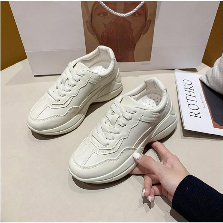 Giày Sneakers Nữ Da Mềm Độn Đế Tăng Chiều Cao 5cm Trắng Kem G19