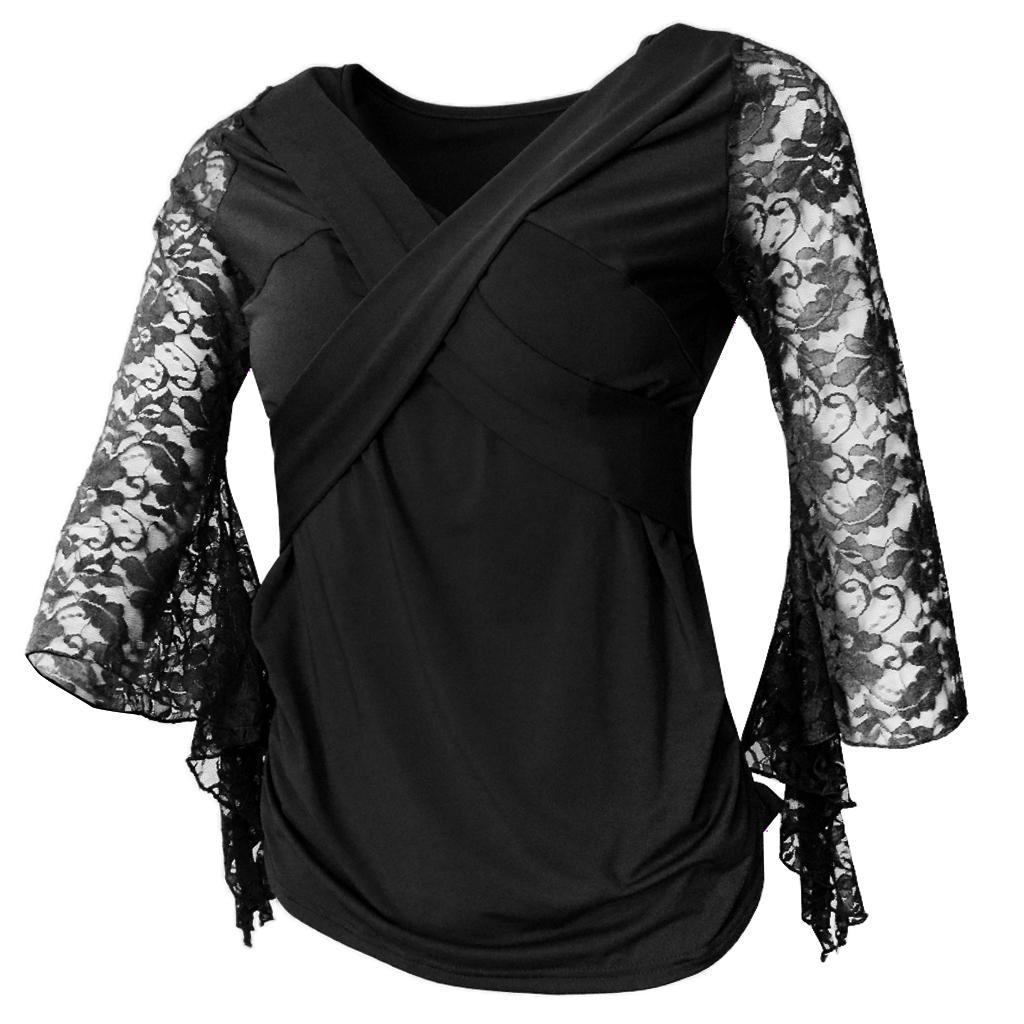 Ballroom Flamenco Latin Dance Blouse Square Dance V Neck Lace Sleeve Tops Women Dancewear Costumes