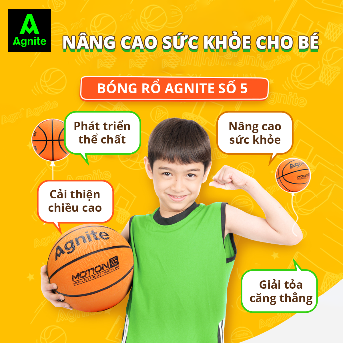 Bóng rổ cao su Agnite cỡ số 5 - Thể thao vận động tập luyện thi đấu trong nhà và ngoài trời - Phù hợp cho cả trẻ em - Màu cam - Hàng chĩnh hãng - F1102