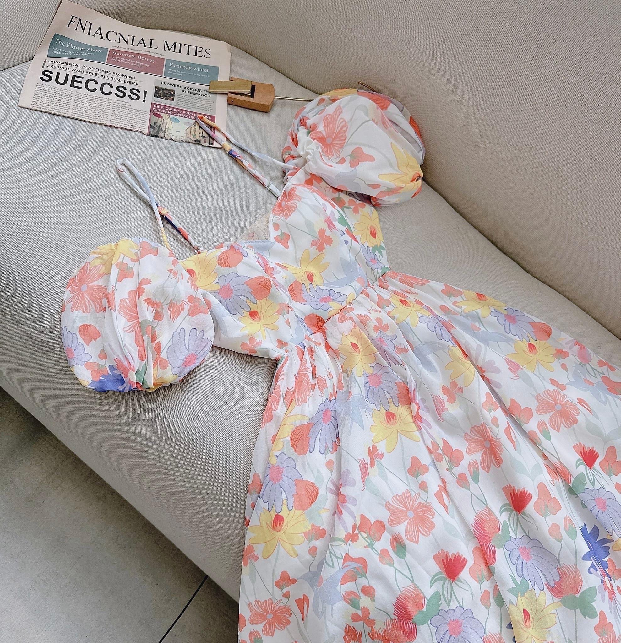 ĐẦM DÀI HOA MAXI ĐI BIỂN CỔ U DÂY LƯNG SUÔNG XÒE MIDI FLORAL DẠO PHỐ DỰ TIỆC