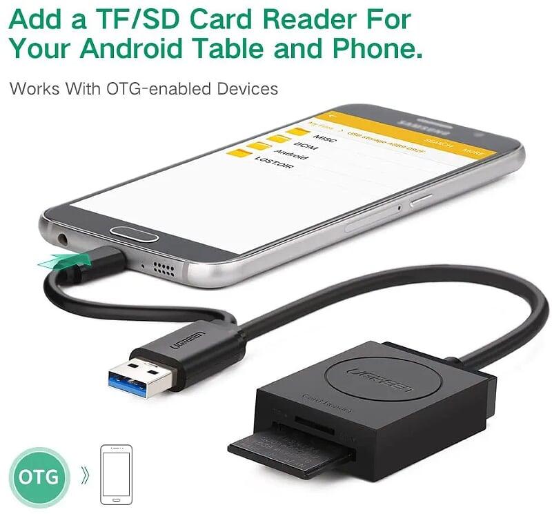 Ugreen UG50415CR127TK 15CM màu đen đầu đọc thẻ SD cổng USB 3.0 và micro dành cho PC và Android OTG - HÀNG CHÍNH HÃNG
