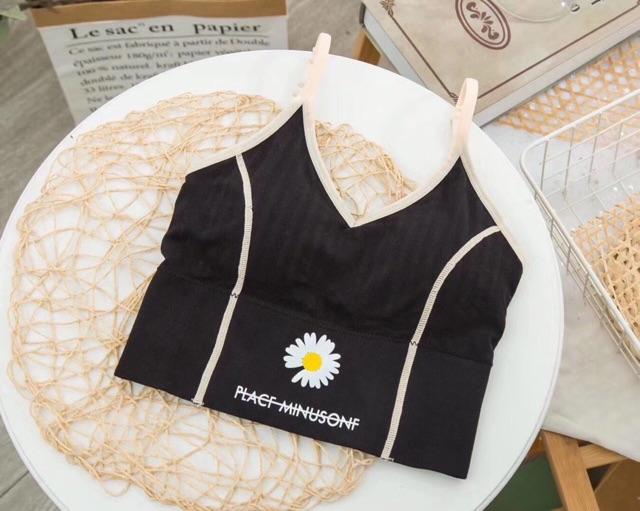 Áo bra 2 dây chỉ viền hoa cúc trắng tập gym, thể thao, yoga - Áo lót hai dây ôm body dáng croptop thấm hút mồ hôi