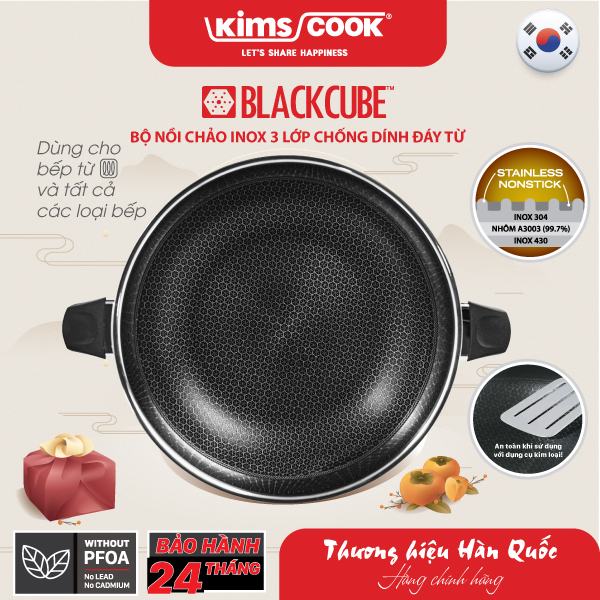 Bộ nồi chảo Blackcube 3 lớp đáy từ đa năng chống dính T&K 04 Pcs Kims Cook