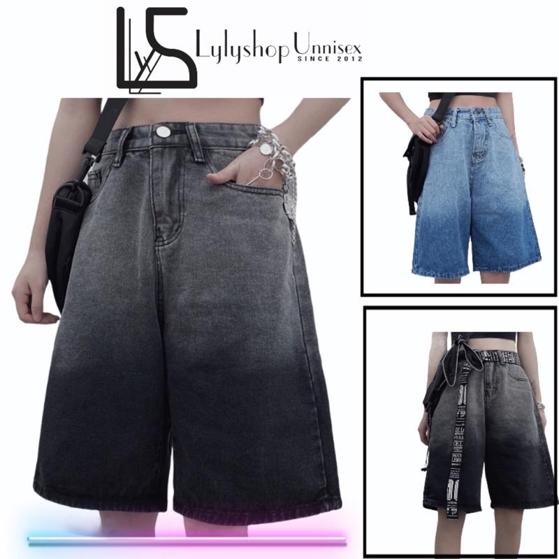 Quần short jean nữ LylyshopUnisex kiểu quần đùi jeans loang cá tính ống rộng lưng cao, quần đui ngố chất bò mềm mịn
