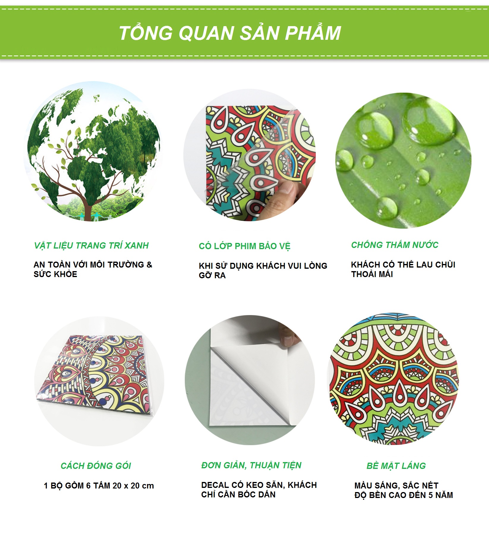 Decal gạch bông CAO CẤP dán nhà bếp sáng tạo set 6 tấm 20 x 20 cm (Chất liệu nhựa dẻo PET)