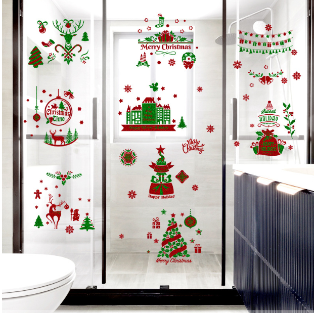 Decal dán tường - hít tĩnh điện - nhiều chi tiết xanh đỏ Noel độc đáo