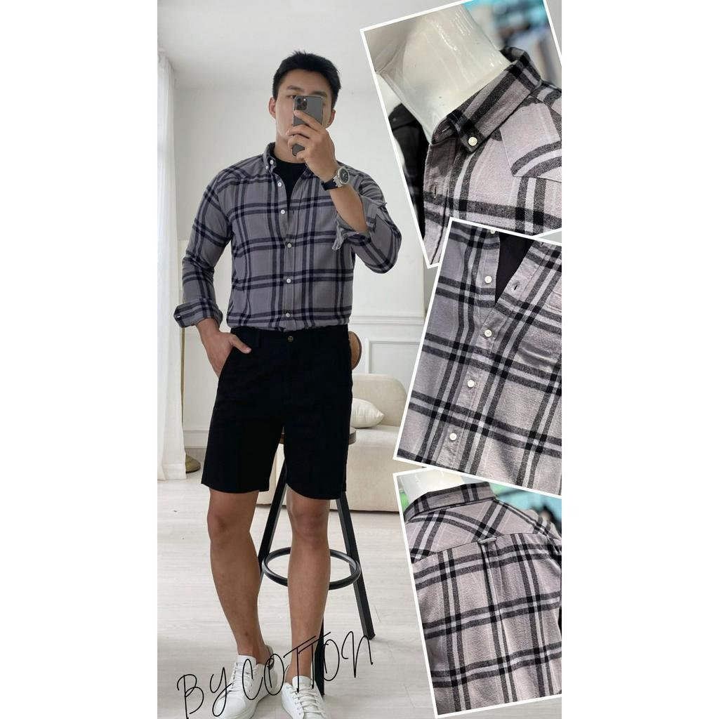 Áo Sơ Mi Nam Dài Tay Caro Đen Phối Xám BY COTTON Black Grey Checked Flannel Shirt