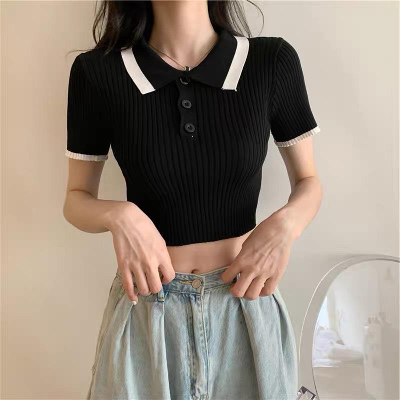 Áo Croptop Ôm Body Tay Ngắn PINKSTORE29, Dáng Polo Cổ Bẻ Len Gân A5412