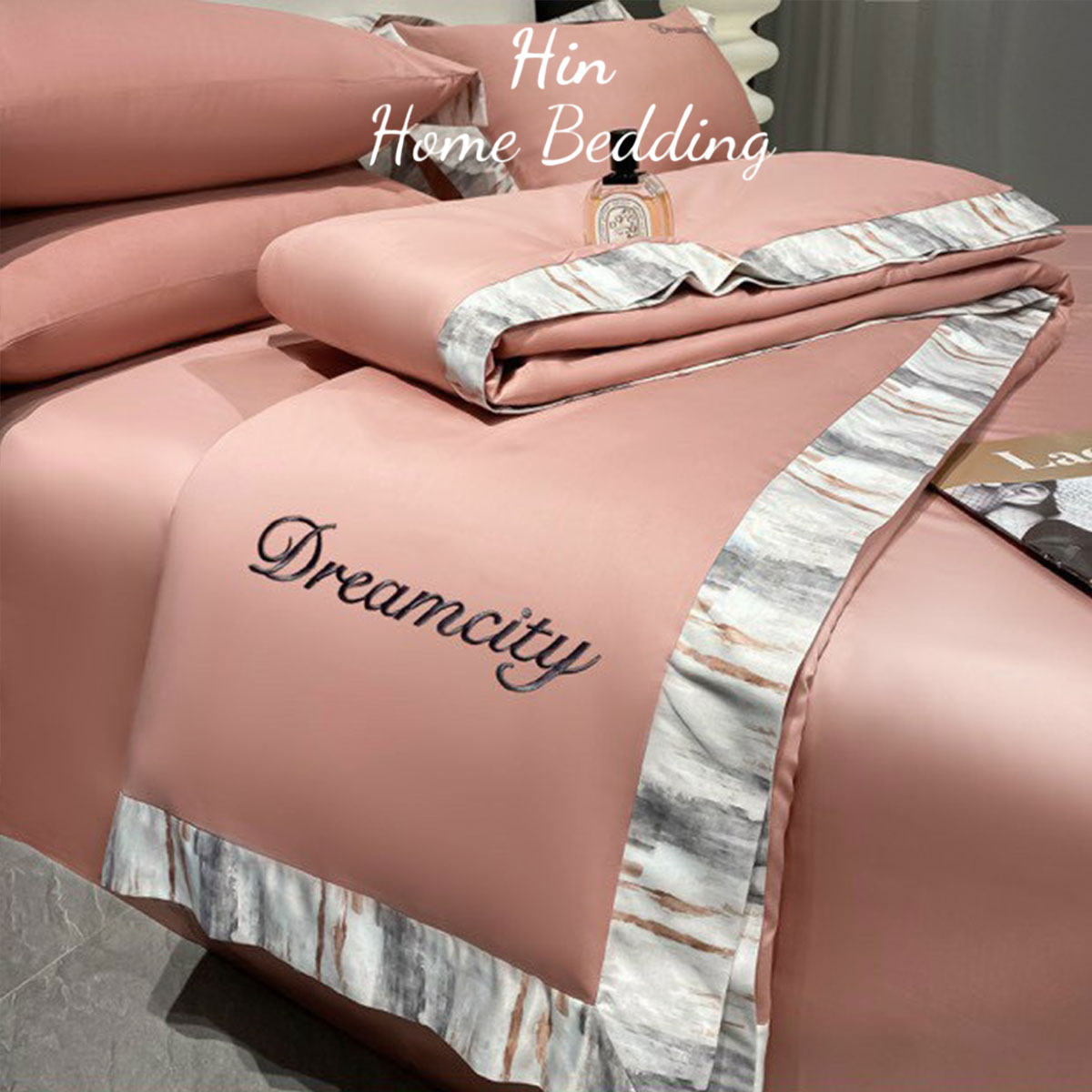 Bộ Chăn Ga Gối Đệm 5 Món Chăn Bông Hin Home Bedding Drap Giường Lụa Mẫu Hồng