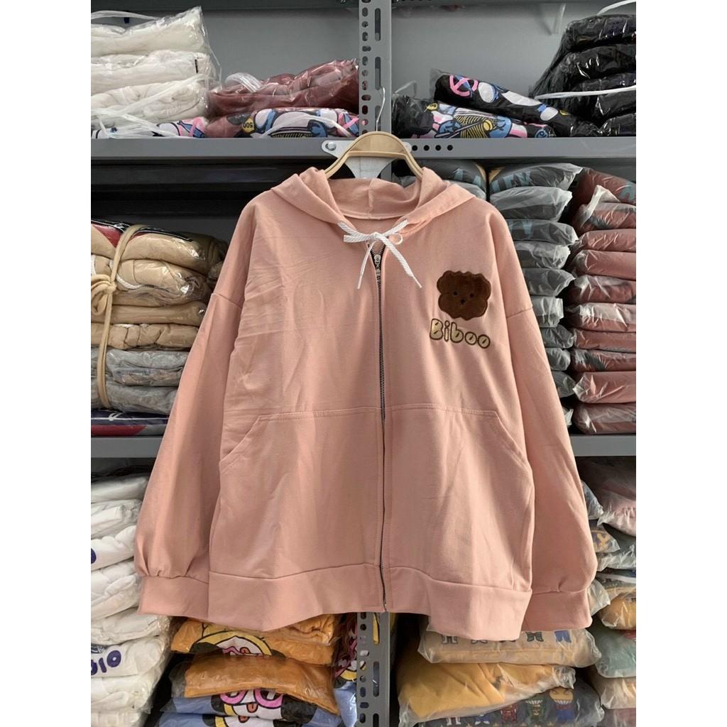 Áo Khoác Hoodie Nỉ Bông Gấu BIBOO Khoác Zip Form Rộng Unisex Nam Nữ Ulzzang