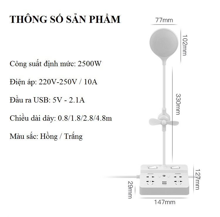 Ổ cắm trống sét đa năng VQĐ-21 Tích hợp 4 ổ cắm điện + 2 cổng USB; có khay để điện thoại, máy tính bảng