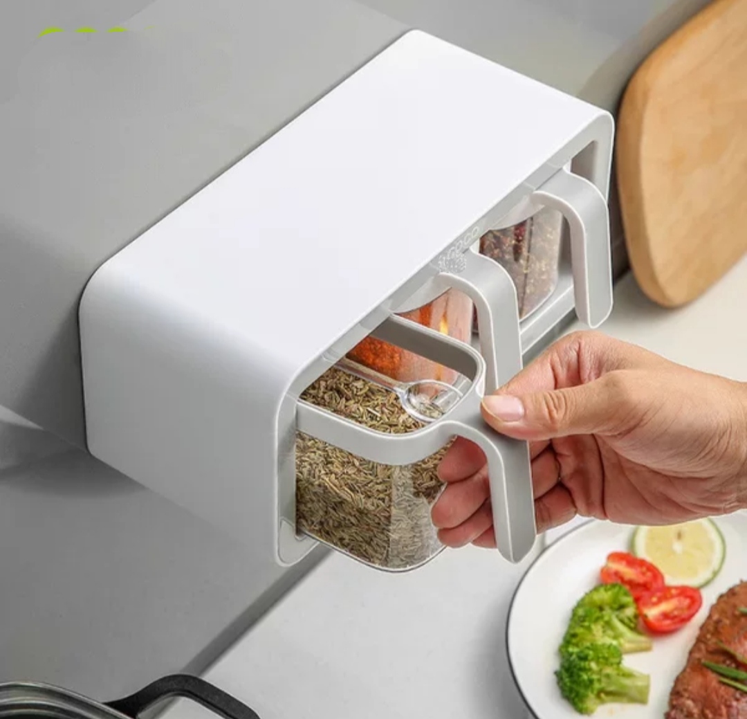 Hàng cao cấp, Bộ 3 hộp đựng gia vị bằng nhựa gắn tường không cần khoan đục  màu ngẫu nhiên
