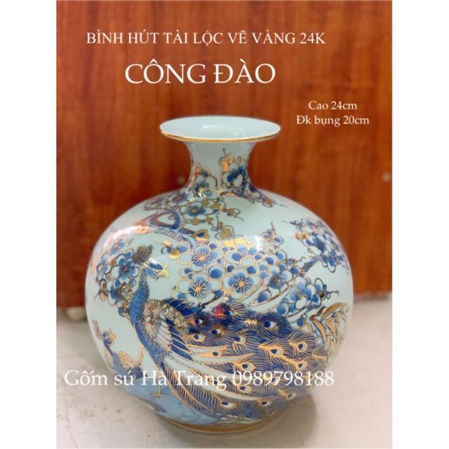 BÌNH HÚT TÀI LỘC GỐM SỨ BÁT TRÀNG VẼ VÀNG 24K CAO CẤP  hoạ tiết công đào size nhỏ cao 24cm
