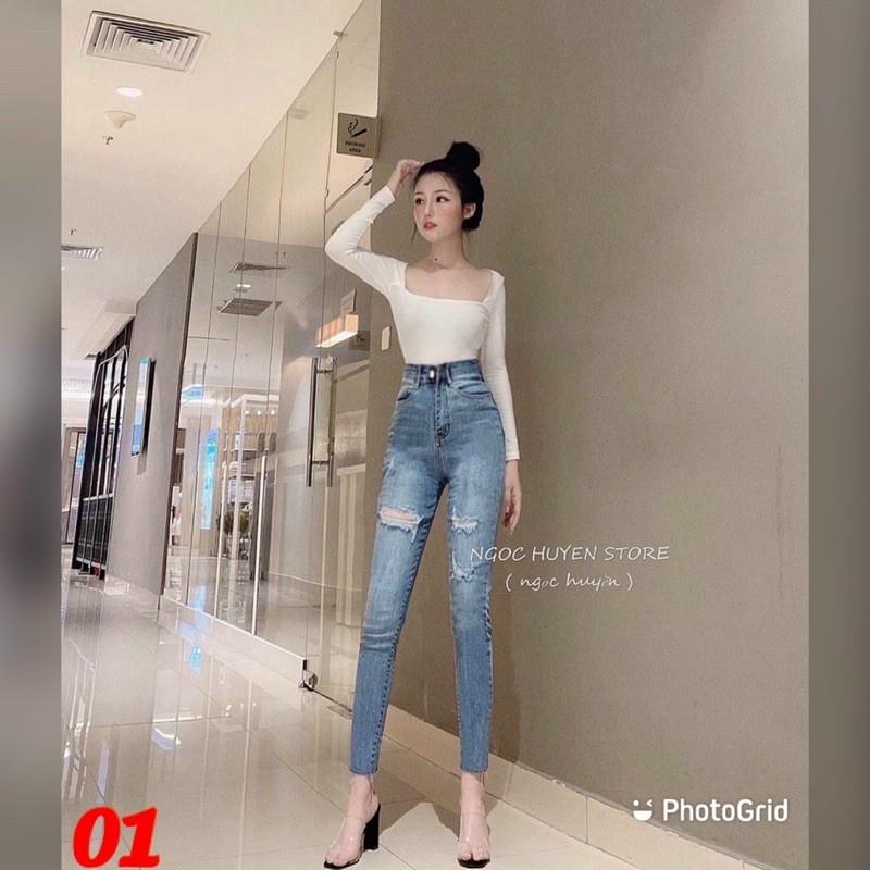 Quần jeans lưng cao rách xước nút kiểu ôm body - j20
