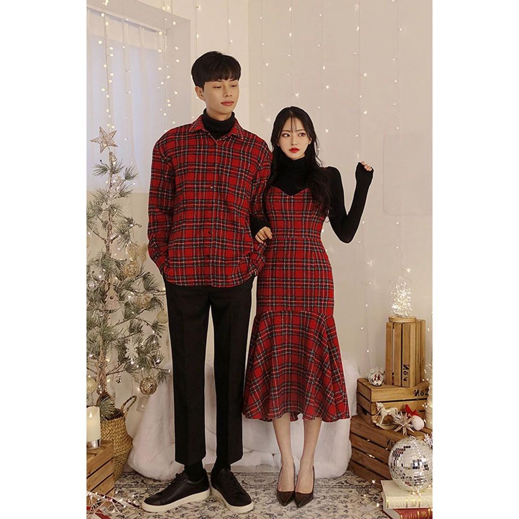 Đồ đôi nam nữ Áo cặp váy sơ mi thời trang couple hàn quốc sọc kẻ caro màu đỏ 2 dây đẹp AV32