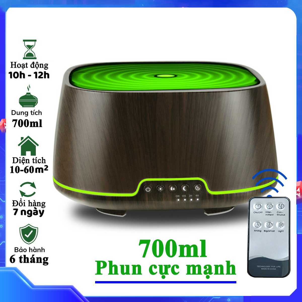 Máy Xông Tinh Dầu Dung Tích Lớn Cho Phòng Rộng, Phun Cực Mạnh, Kèm Remote Điều khiển Và Đèn LED 7 Màu Rất Đẹp