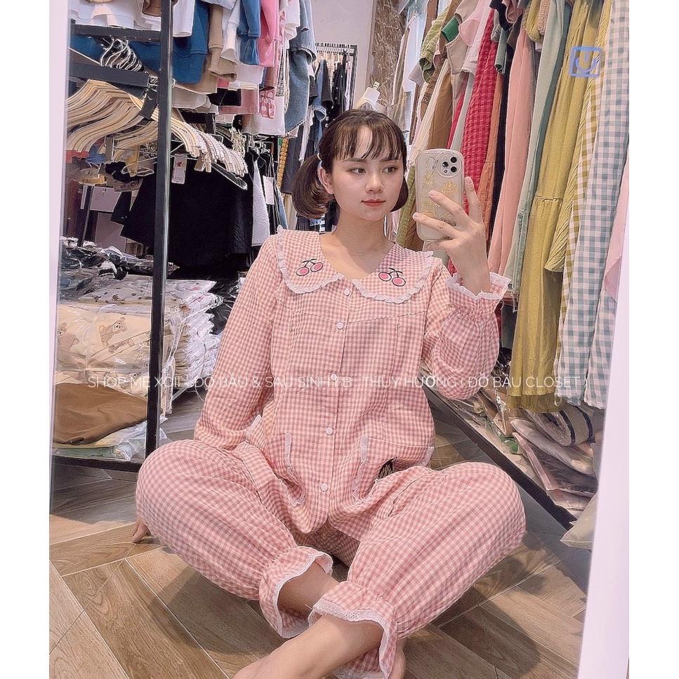 Bộ bầu và sau sinh dài tay kẻ, cổ sen ren siêu xinh, có khoá kéo cho bé ti