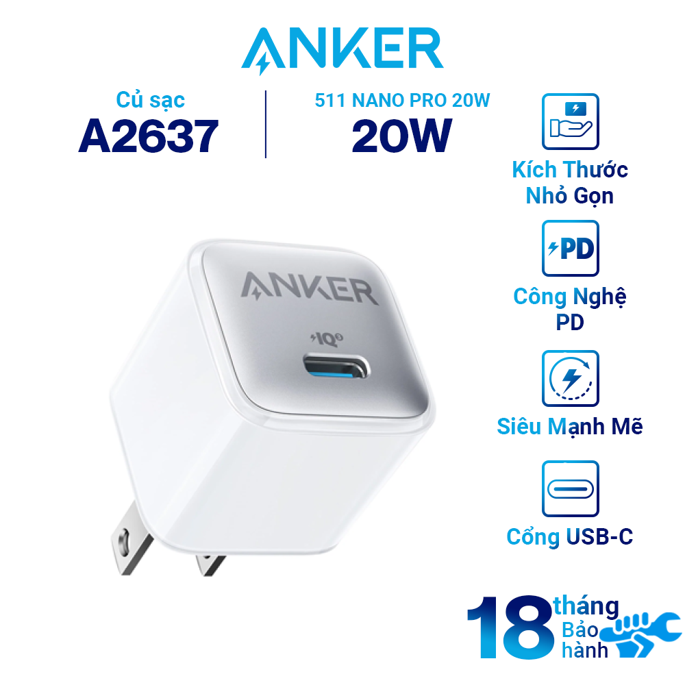 Hình ảnh Adapter Sạc ANKER 511 Nano Pro 20W Type-C Sạc Nhanh Tích Hợp PIQ 3.0 A2637 - Hàng Chính Hãng