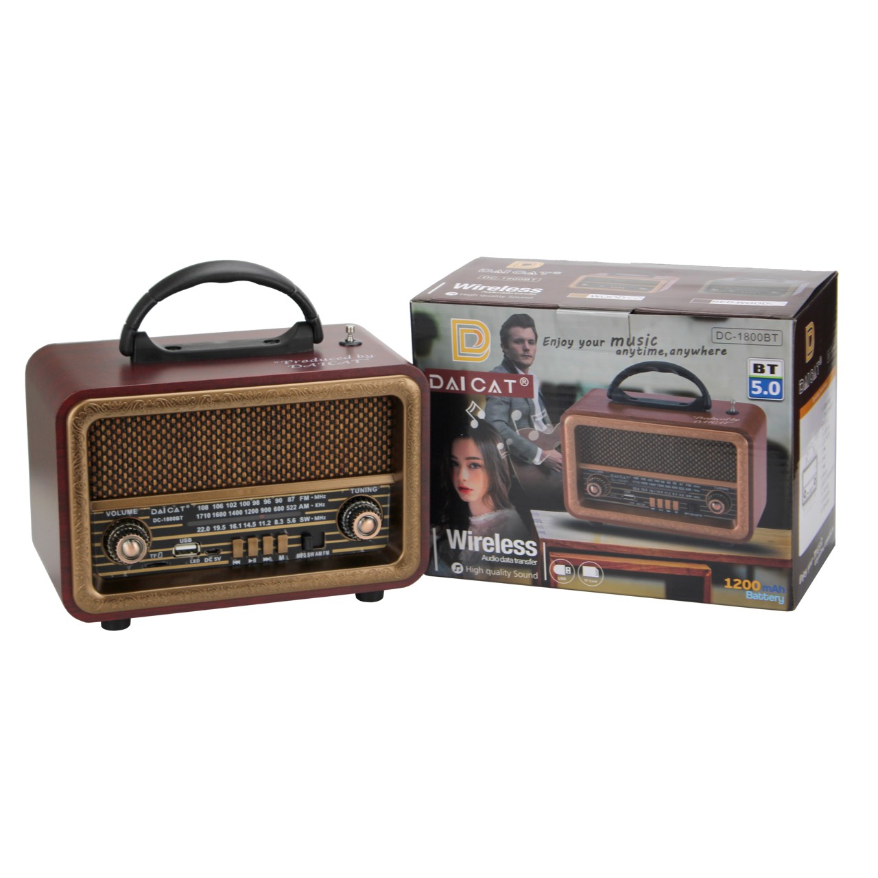 Đài FM Bluetooth5.0/USB/TF DC-1800BT Đài phát thanh cổ điển Sang trọng -Fm Am Sw 3 băng tần với USB Sd Tf Mp3 Radio vân gỗ-Hàng Chính Hãng