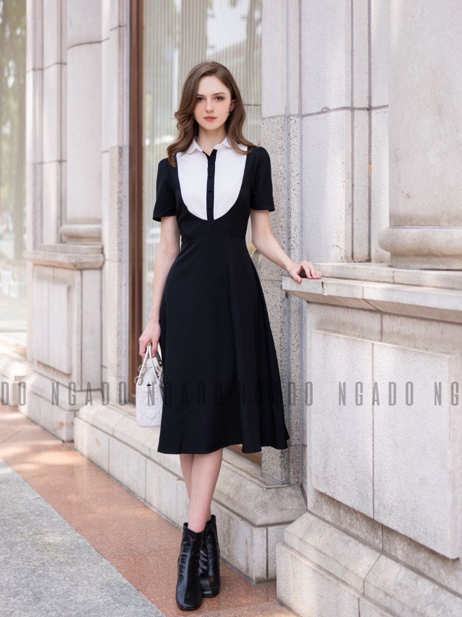 Đầm đen ngắn tay phối trắng NGADO