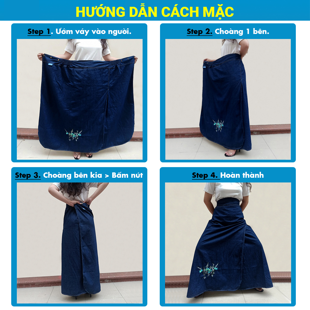 Váy Chống Nắng Xẻ Tà Nữ Vải Jean Dày Dặn Có Túi Và Nút Bấm Chân Thêu Họa Tiết Nai Vàng