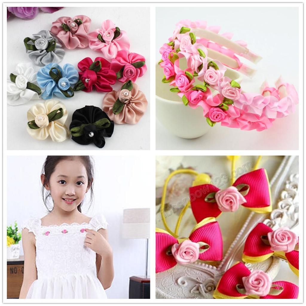 4-6pack 100 Pieces Mini Satin Ribbon Flowers Rose Leaf Decoration Craft DIY