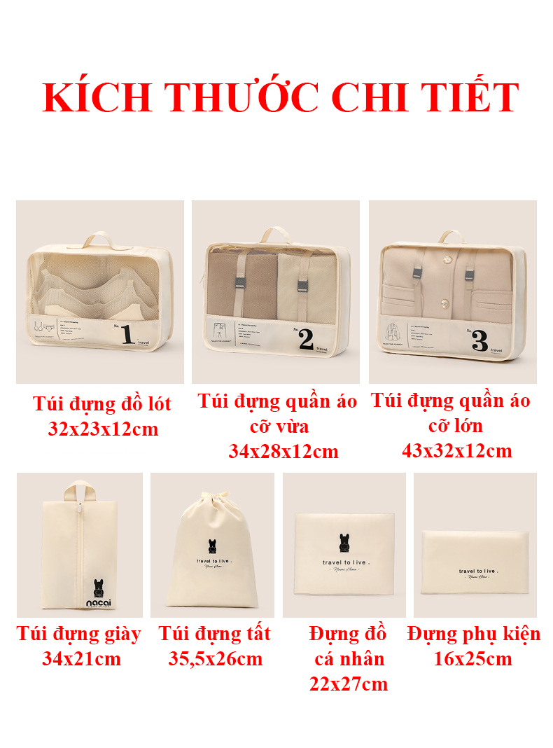 Set 7 Túi Đựng Đồ Du Lịch Họa Tiết KUNBE Giúp Phân Loại Quần Áo Đồ Dùng Ngăn Nắp, Chống Thấm Nước Phù Hợp Để Vali