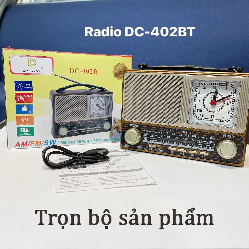 ĐÀI FM Radio Mẫu Mới DC-402BT CÓ ĐỒNG HỒ ,Nghe Nhạc Qua Usb,Thẻ nhớ FM/AM/SW quà tặng cho người thân yêu-Hàng Chính Hãng