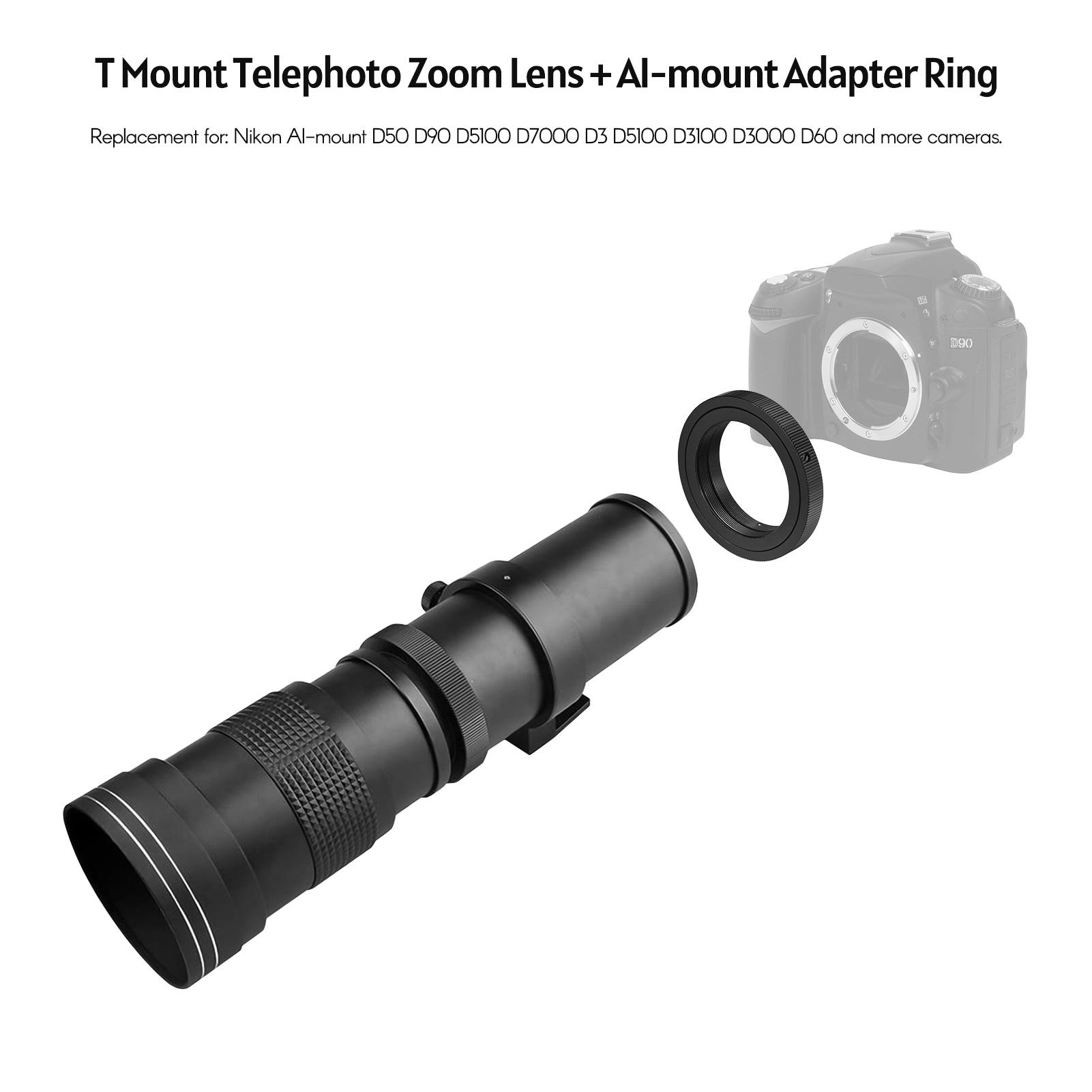 Camera MF Super Telephoto Zoom Lens F/8.3-16 420-800mm T2 Mount with AI-mount Adapter Ring 1/4 Thread for Nikon