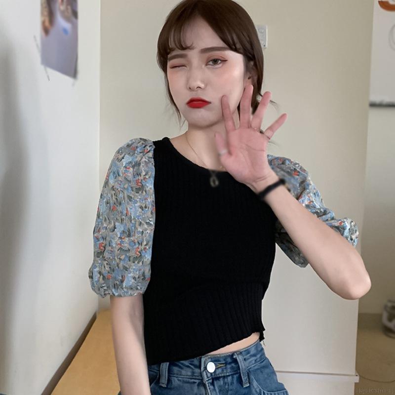 Áo Thun Dệt Kim Tay Ngắn Cổ Tròn Hoạ Tiết Hoa Cho Phái Nữ