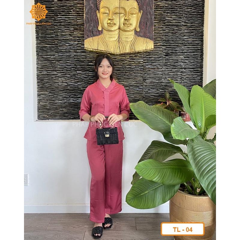Đồ lam đi chùa nữ - Pháp phục mẫu tim lụa phối nẹp cao cấp, bền màu không nhăn xưởng may Liên Cúc