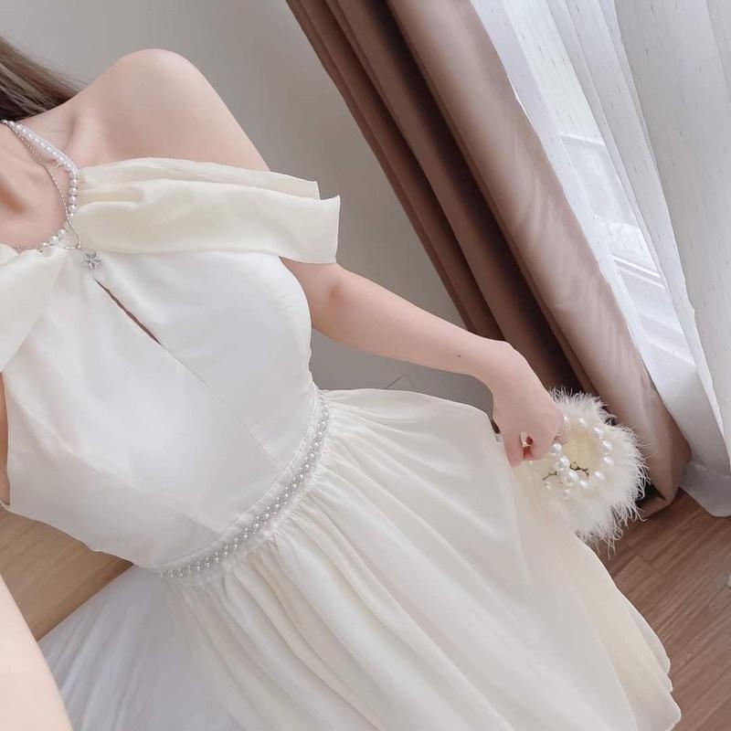 Váy đầm nữ màu trắng dự tiệc dáng xòe cổ tròn đính cườm kiểu trễ vai cực duyên dáng và thanh lịch