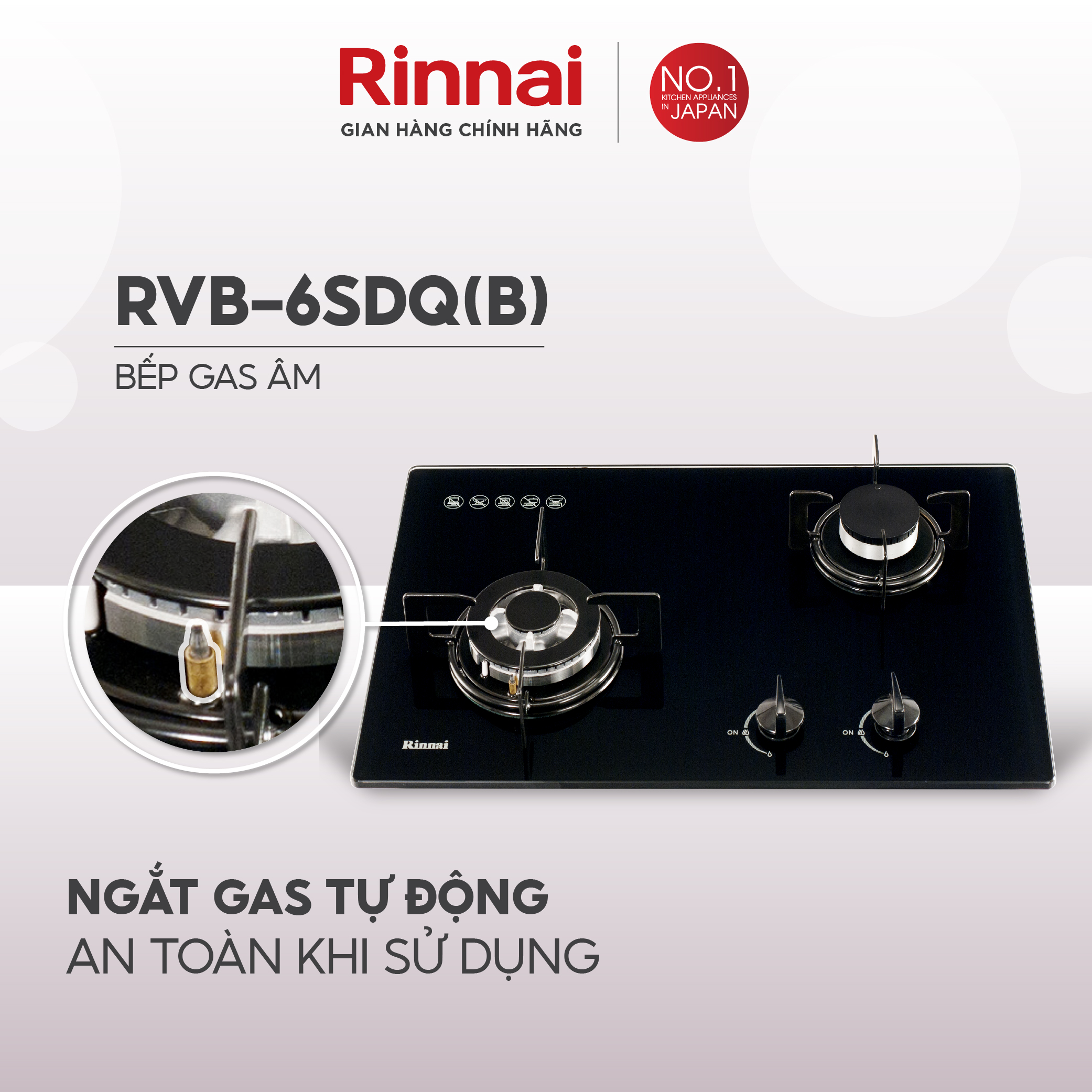Bếp gas âm Rinnai RVB-6SDQ mặt bếp kính và kiềng bếp men - Hàng chính hãng.