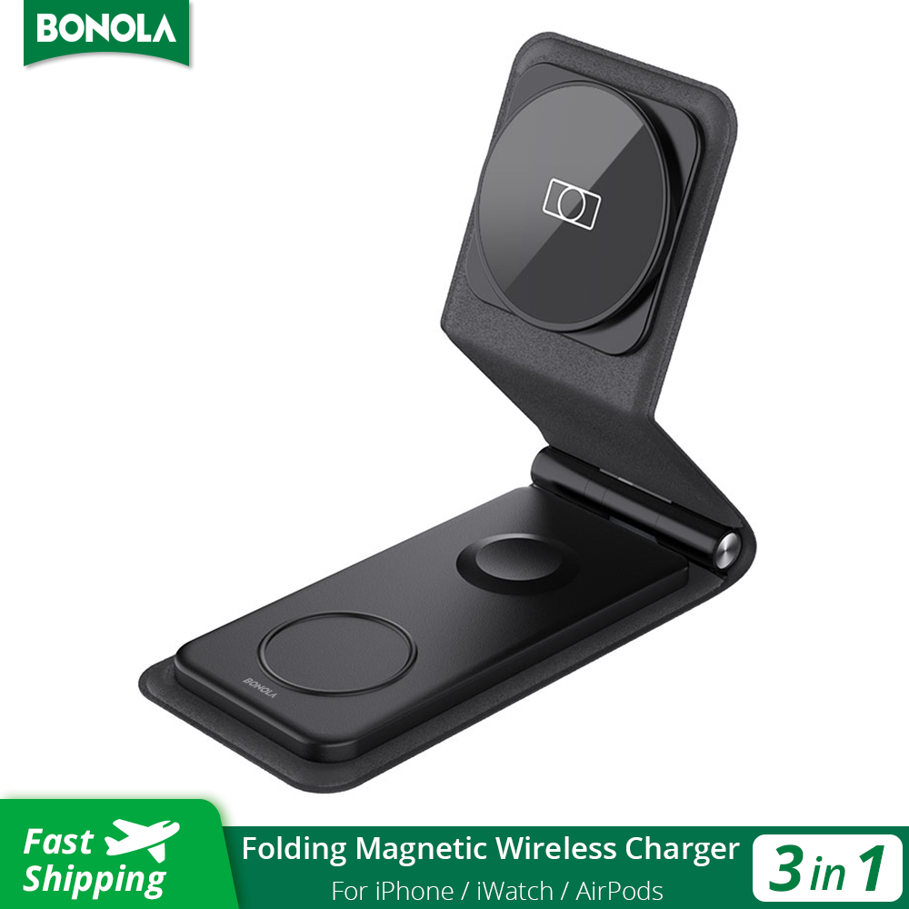 Bonola có thể gập lại từ tính 3 trong 1 Bộ sạc không dây cho iPhone 14 Pro Max/13/12 15W Bộ sạc không dây cho AirPods Pro/IWatch Ultra