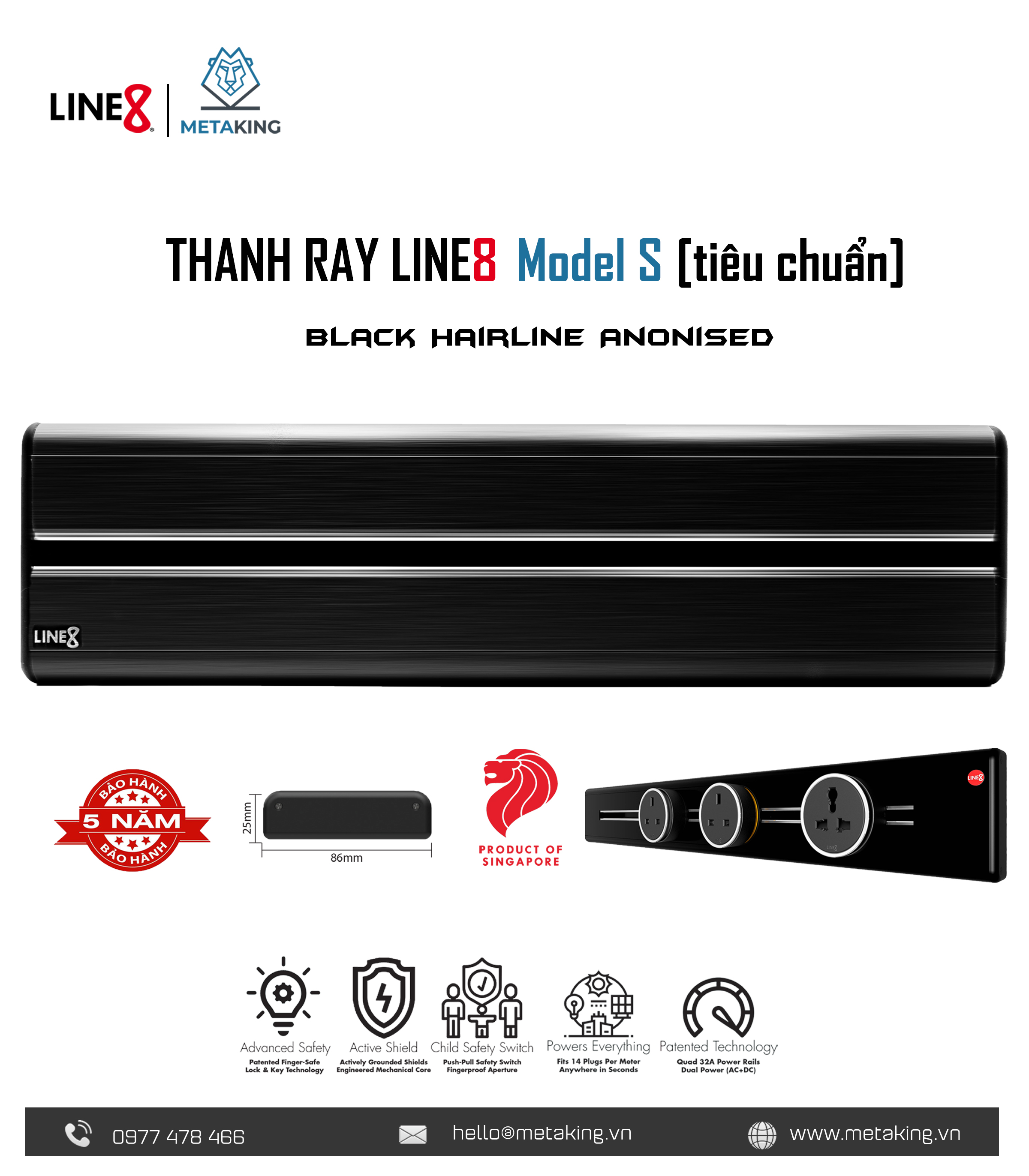 Ổ Cắm Thanh Trượt Line8 Model S I Lắp Nổi I I Tiêu Chuẩn I Chính hãng