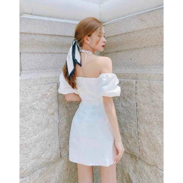 Đầm váy ôm body tafta mút ngực tay búp cột dây cổ yếm trễ vai tay con ngắn đen trắng đi biển dự tiệc dạo phố bigs