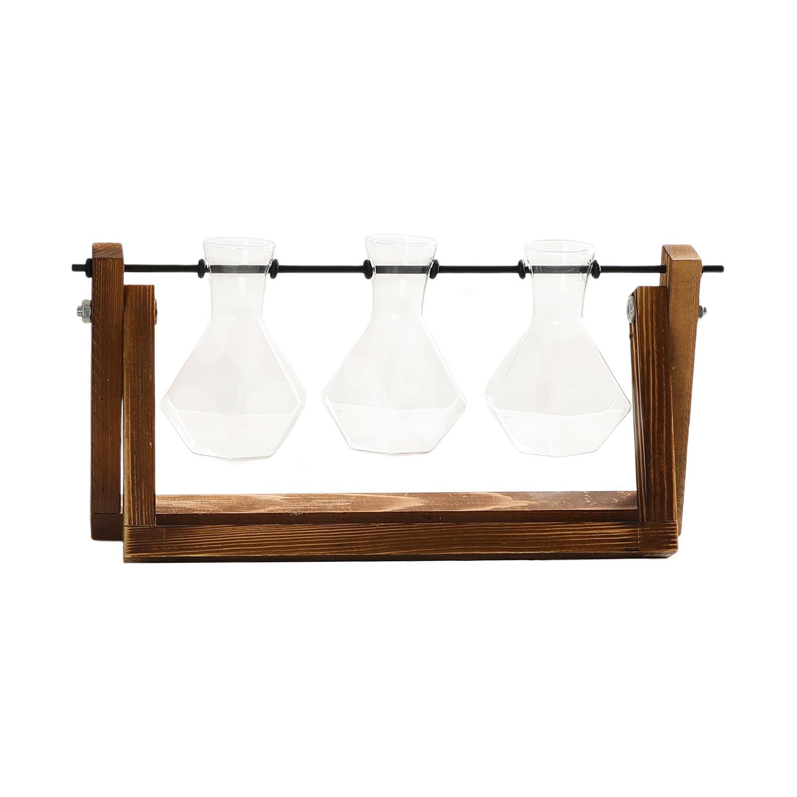 Glass Plant Terrarium Flower Bud Vase Hydroponics Wooden Rack Geometric Shelf