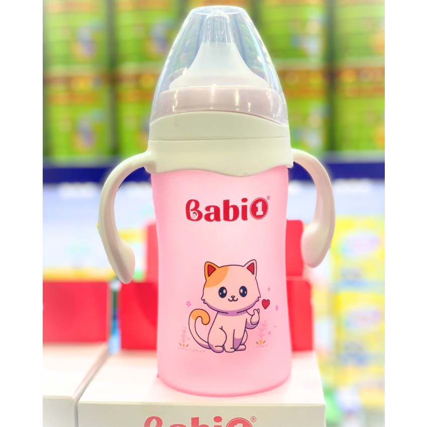 Bình Sữa Cổ Rộng Babi 1 Thuỷ Tinh Bọc Silicon Chống Vỡ Và Cảm Biến Nhiệt Độ - Dung tích 240ml - Cho trẻ từ 12 tháng tuổi