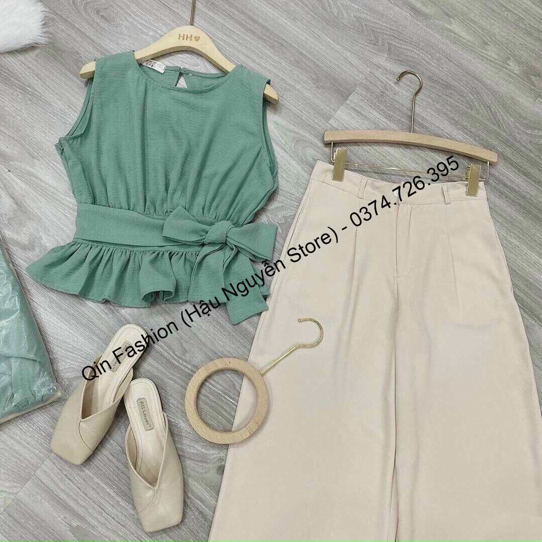 Set 2 Món: Áo Cột Nơ Eo & Quần Ống Rộng - Hậu Nguyễn Store