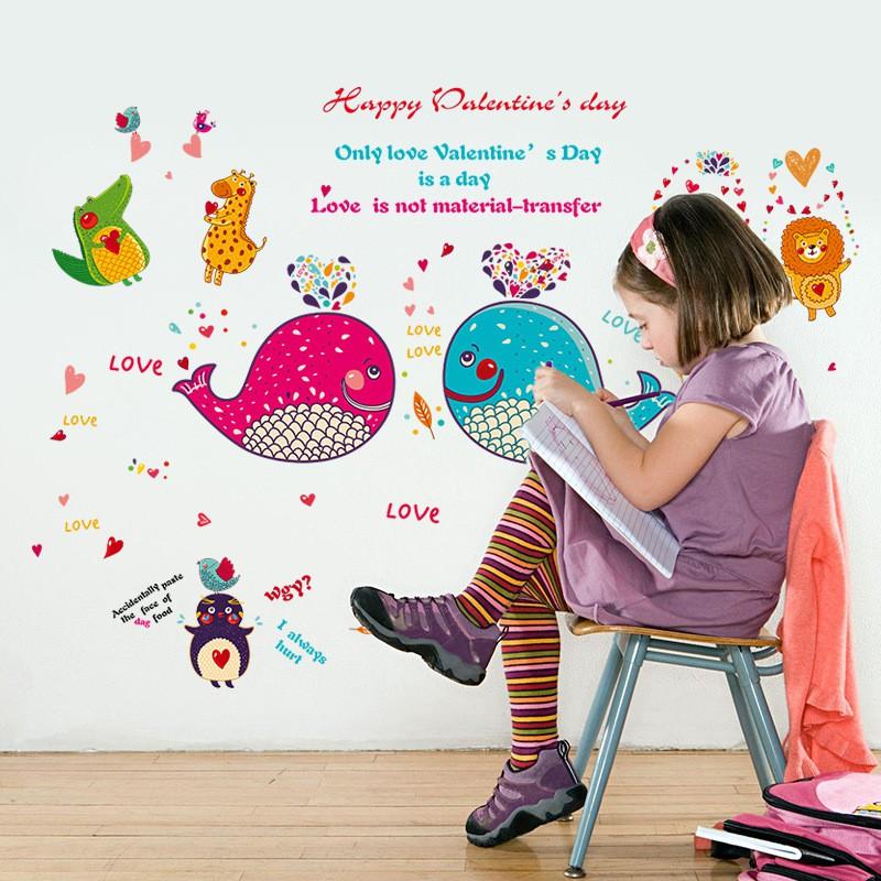 Sticker Decal dán tường Đôi cá voi Happy valentine cho bé SK9092