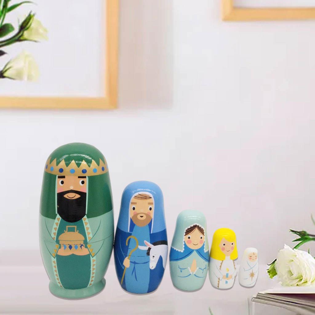Set of 5 Cartoon Matryoshka Wooden Russian Nesting Dolls Handmade Home Decor