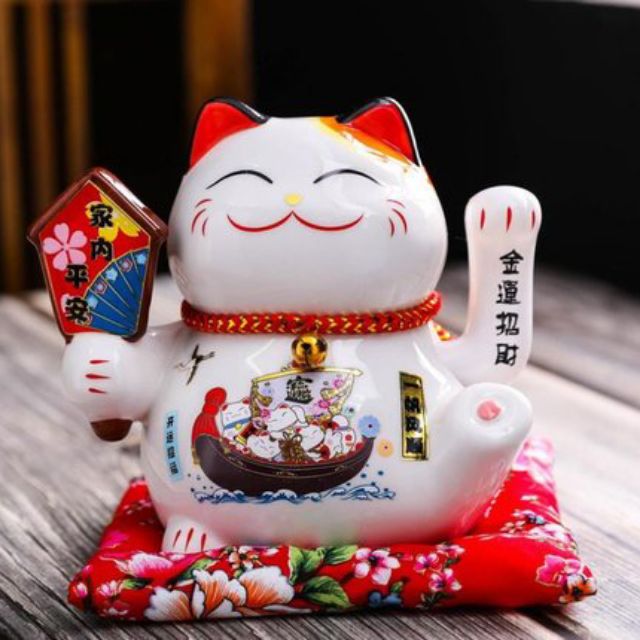 Mèo Thần Tài  Maneki Neko  vẫy tay chiêu tài lộc 16cm bằng gốm sứ - mẫu giao ngẫu nhiên