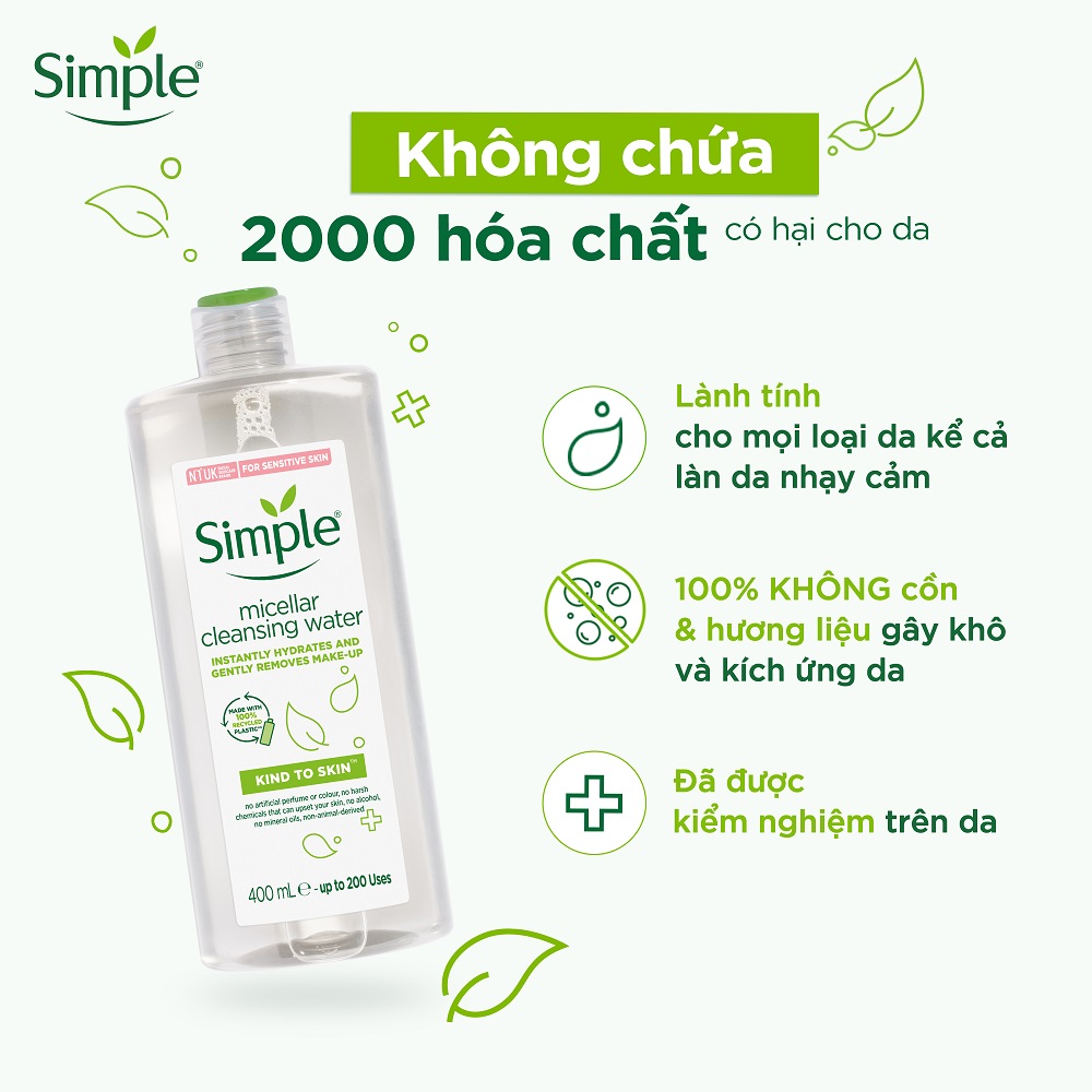 Combo 2 Nước tẩy trang Simple Micellar làm sạch 99% trang điểm, cho da thoáng mịn tức thì 400ml x2