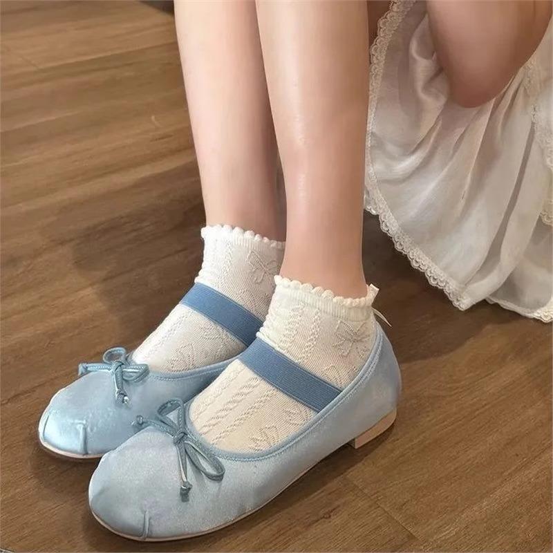 [Sỉ lẻ] TẤT DỆT KIM CỔ NGẮN CỔ SÓNG GÂN NƠ DẬP NỔI, phong cách Lolita Nhật Bản công chúa, vintage co giãn thoáng khí