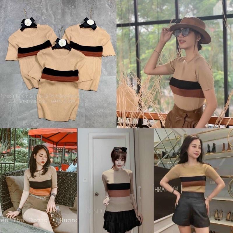Áo len cộc tay màu nâu phối kẻ ngang, áo len nữ cộc tay đẹp Minza