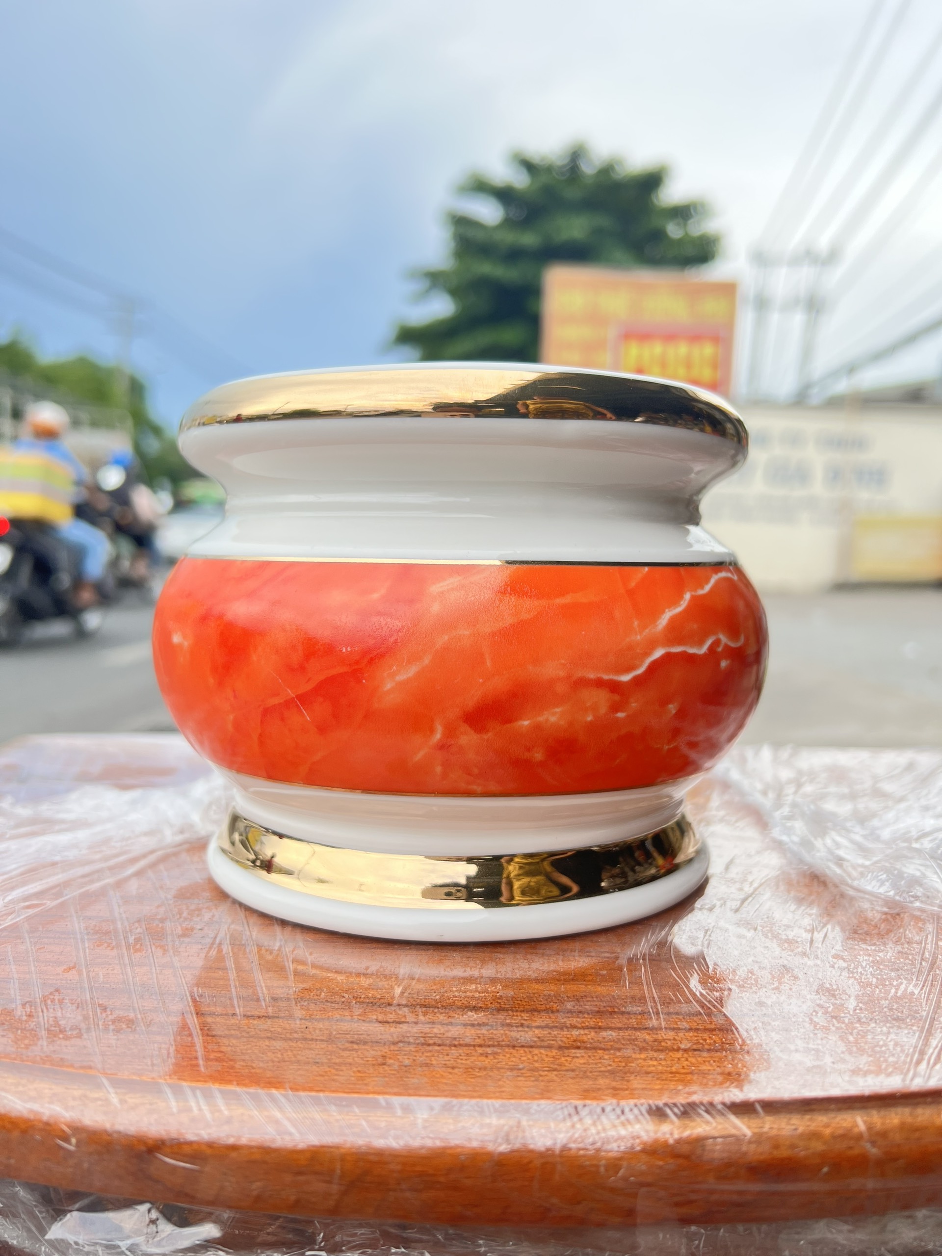 Bát nhang sứ họa tiết đá hoa cương cao 11.5cm và 13cm - Đỏ