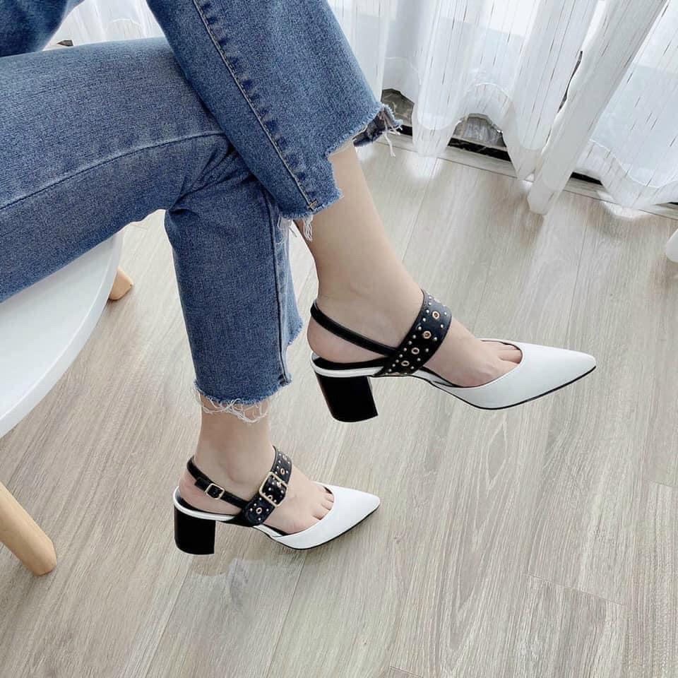 Sandal bít mũi nhọn quai ngang đục lỗ quai cài - 7P