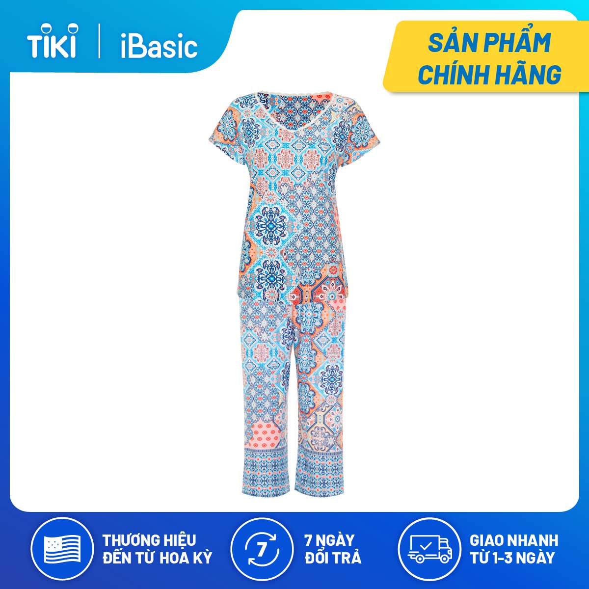Bộ mặc nhà nữ tay ngắn lửng thun hoạ tiết iBasic HOMW034T và HOMW035B