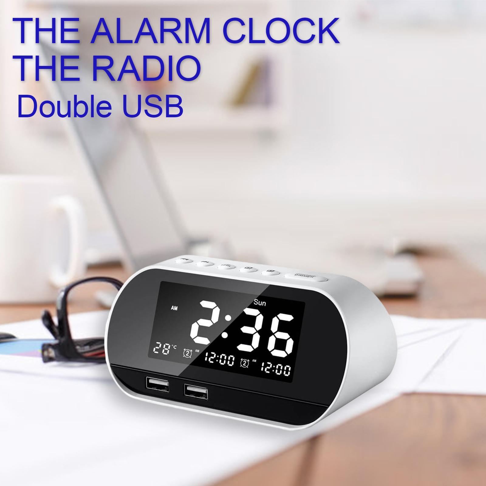 Desktop Alarm Clock with Speaker FM Function Dual USB Port LED Display